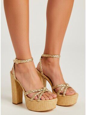 Braided Gold & Raffia Platform Heel Sandals With Ankle Strap Womens High Block H